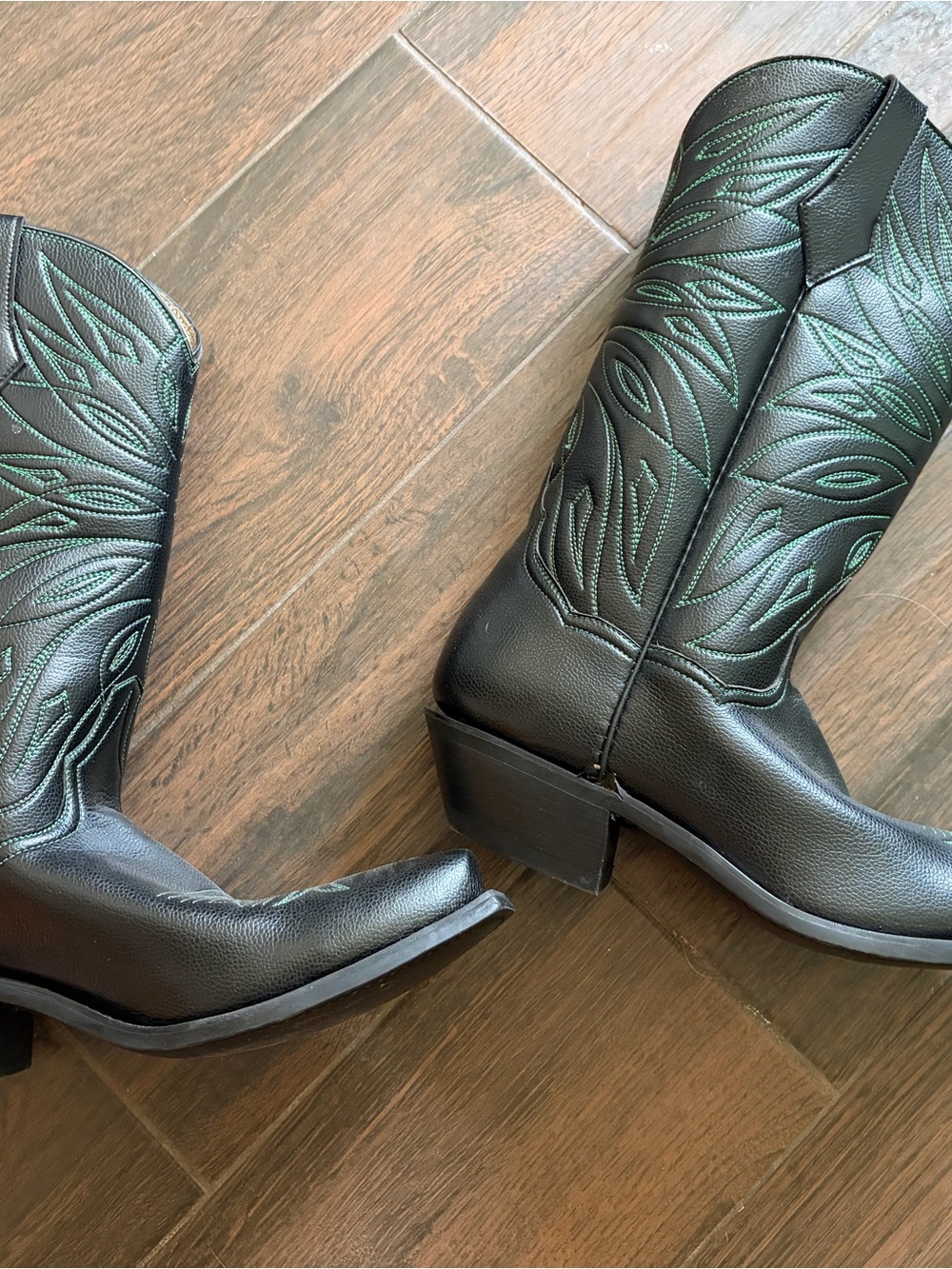 Women’s Black Cowboy Boots with Green Stitching